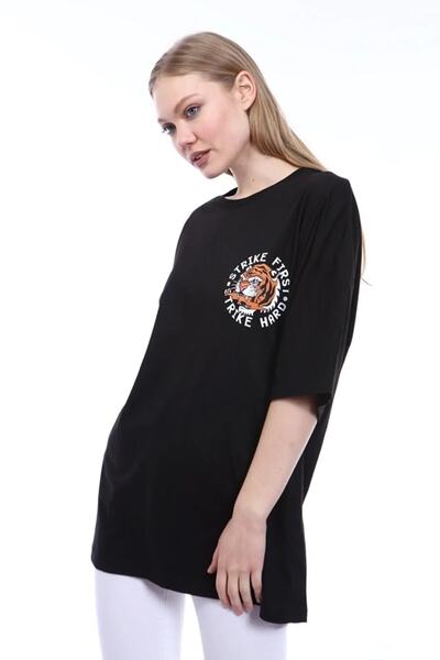 Machetta Plus Size Women's Black Yet Tiger Printed Oversize T-shirt