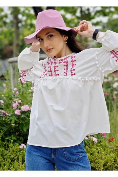 yagmurberen Pompom Detail Crew Neck 100% Cotton Shirt Blouse