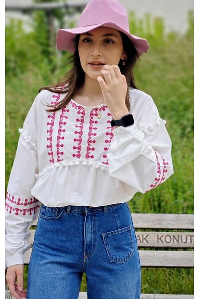 yagmurberen Pompom Detail Crew Neck 100% Cotton Shirt Blouse