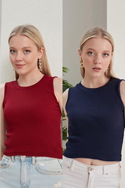 CATSPY Bluză de damă, roșu claret, bleumarin, cu decolteu în picioare, 2 piese