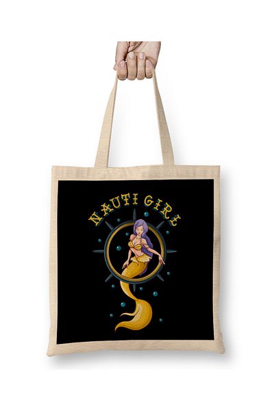 Baskı Dükkanı Nauti Girl Naughty Mermaid Nautical Pun υφασμάτινη τσάντα με μακριά λαβή