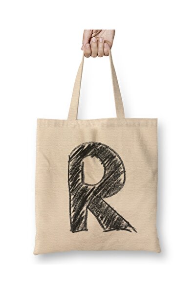 Baskı Dükkanı حقيبة قماش حرف R بيد طويلة