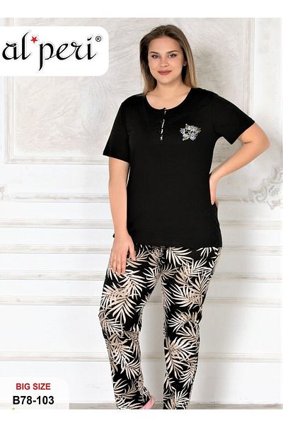 Alperi Plus Size Summer Short Sleeve Women's Pajama Set BLACK