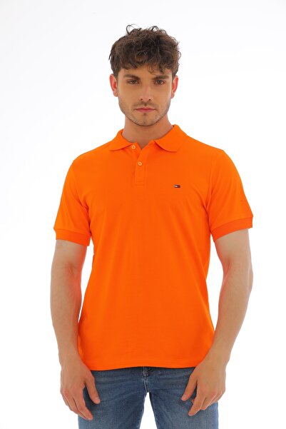 WAPP تي شيرت رجالي برتقالي من القطن الليكرا بأكمام قصيرة وياقة بولو مطرزة بأز...