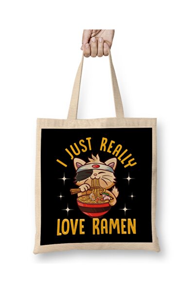 Baskı Dükkanı Slatko, stvarno volim ramen, kawaii anime, mačka, tkanina Torba...