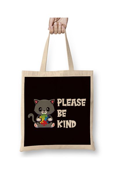 Baskı Dükkanı Be Kind Autism Awareness Cat Kitten Autistic Puzzle Ribbon Geantă din pânză cu mâner lung