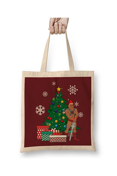 Baskı Dükkanı He Man Around The Christmas Tree υφασμάτινη τσάντα με μακριά λαβή