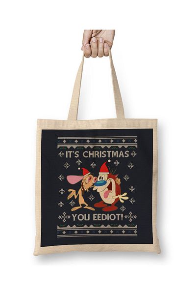 Baskı Dükkanı Ren And Stimpy Its Christmas You Eediot υφασμάτινη τσάντα με μακριά λαβή