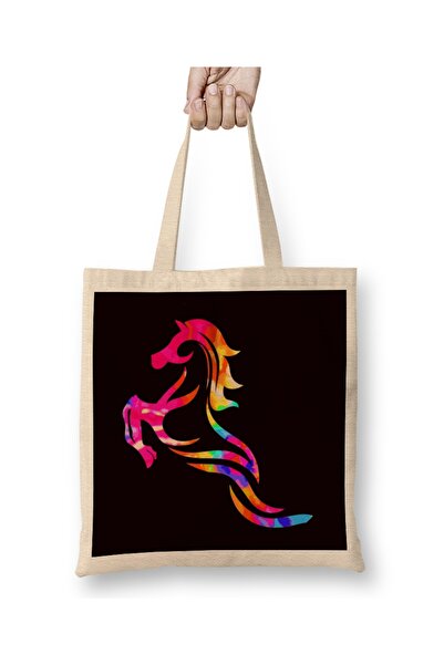 Baskı Dükkanı Colorful Rainbow Horse Riding Equestrian Sport Horseshoe Tote B...