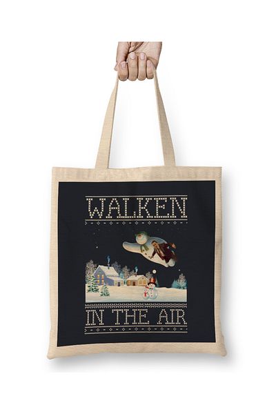 Baskı Dükkanı Christopher Walken In The Air Snow Man Χριστουγεννιάτικη πλεκτή υφασμάτινη τσάντα με μακριά λαβή