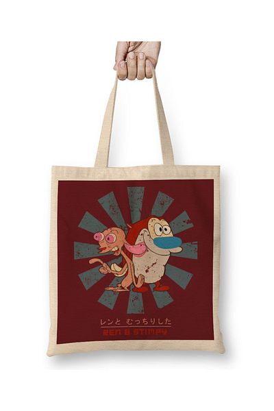 Baskı Dükkanı Ren And Stimpy Ρετρό Ιαπωνική υφασμάτινη τσάντα με μακριά λαβή