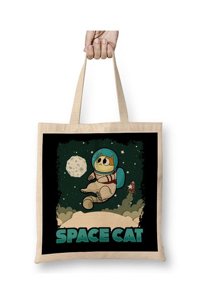 Baskı Dükkanı Αξιολάτρευτο Space Cat Cute Kitty Astronaut Exploring υφασμάτινη τσάντα με μακριά λαβή