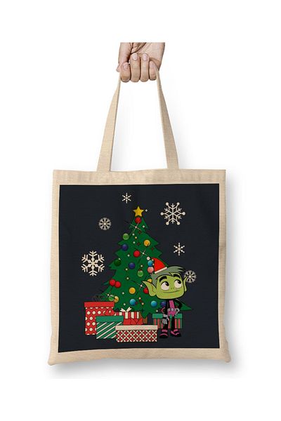 Baskı Dükkanı Teen Titans Beast Boy γύρω από το χριστουγεννιάτικο δέντρο υφασμάτινη τσάντα με μακριά λαβή