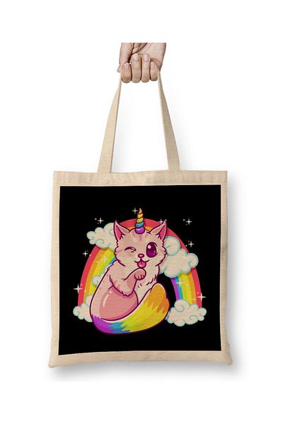 Baskı Dükkanı Υφασμάτινη τσάντα Meowgical Caticorn Majestic Unicorn Rainbow - Μακρύ χερούλι