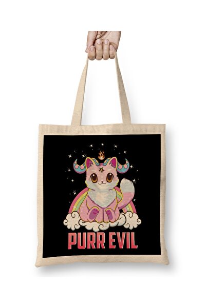 Baskı Dükkanı Purr Evil Satanic Cat Pun Pure Evil Goth Kitten Cloth Torba Lon...