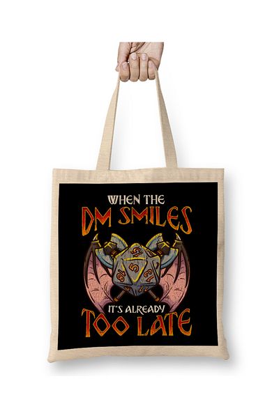 Baskı Dükkanı Dungeon Master Όταν ο DM χαμογελά είναι πολύ αργά Αστεία υφασμάτινη τσάντα παιχνιδιών με μακριά λαβή