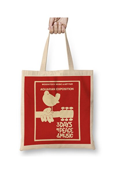 Baskı Dükkanı Woodstock 1969 Peace Love Bird Poster Geantă din pânză albă cu ...