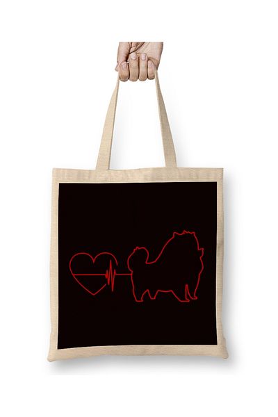 Baskı Dükkanı Heartbeat Pomeranian Pommy Pom Dog Breed Γερμανική Spitz Puppy υφασμάτινη τσάντα με μακριά λαβή