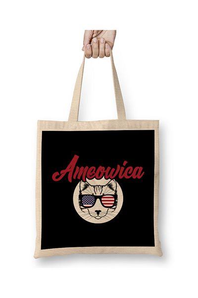 Baskı Dükkanı Ameowica Funny Cat American Meow Kitty Cute Kitten υφασμάτινη τσάντα με μακριά λαβή