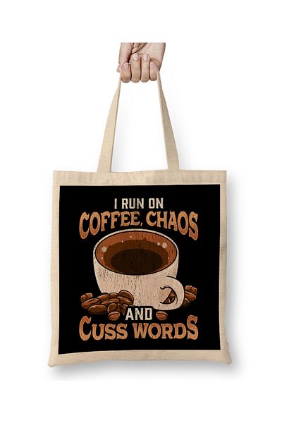 Baskı Dükkanı Funny I Run On Coffee, Chaos and Cuss Words Υφασμάτινη τσάντα με μακριά λαβή