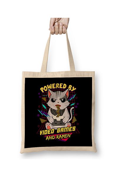 Baskı Dükkanı Powered By Video Games & Ramen Anime Cat υφασμάτινη τσάντα με μακριά λαβή