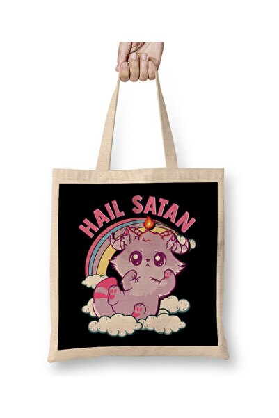 Baskı Dükkanı Funny Satanic Hail Satan Kitten Cute Rainbow Cat Geantă din pân...