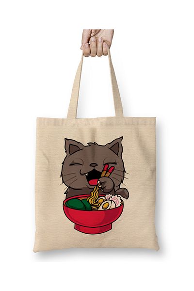 Baskı Dükkanı Χαριτωμένη και αστεία Anime Kitty Ramen Kawaii Cat υφασμάτινη τσάντα με μακριά λαβή