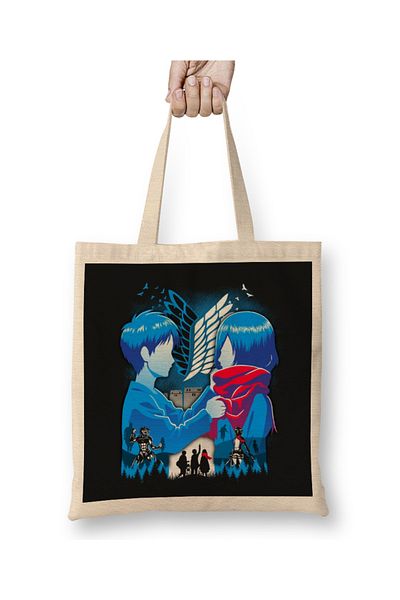Baskı Dükkanı Eren Mikasa Attack On Titan Shingeki No kyojin υφασμάτινη τσάντα με μακριά λαβή