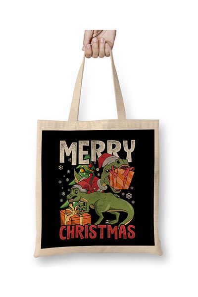 Baskı Dükkanı Santa Trex Merry Christmas Funny χριστουγεννιάτικη υφασμάτινη τσάντα με μακριά λαβή