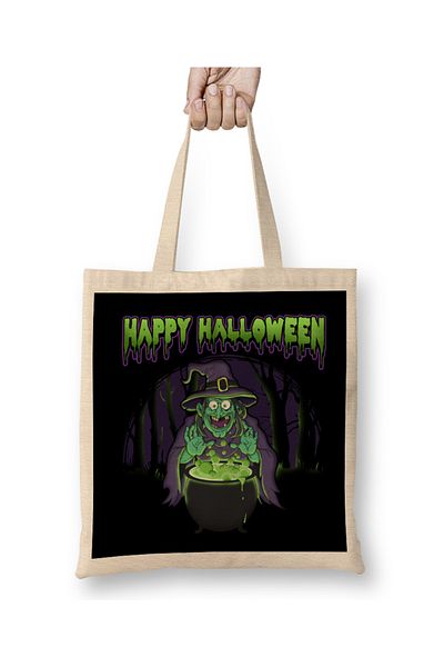 Baskı Dükkanı Scary Witch Happy Halloween Cauldron Potion υφασμάτινη τσάντα με μακριά λαβή