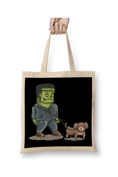 Baskı Dükkanı Retro Pixel Frankenstein Dog Walker υφασμάτινη τσάντα με μακριά λαβή