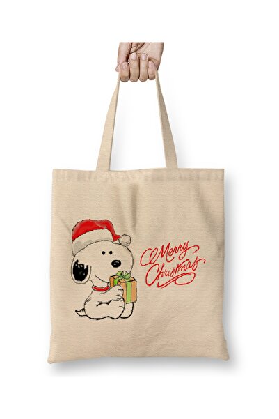 Baskı Dükkanı Yılbaşı Yeni Yıl Konseptli Snoopy Merry Christmas Bez Çanta Uzun Saplı