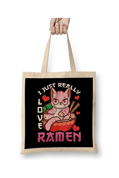 Baskı Dükkanı Ja stvarno volim ramen mačku kawaii anime odeću Torba dugačku S...