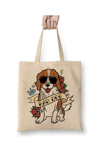 Baskı Dükkanı Geantă din pânză Cavalier King Charles Spaniel Bad Dog cu mâner lung
