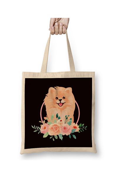 Baskı Dükkanı Pomeranian Flowers Pommy Pom Dog Breed Γερμανική Spitz Puppy υφασμάτινη τσάντα με μακριά λαβή
