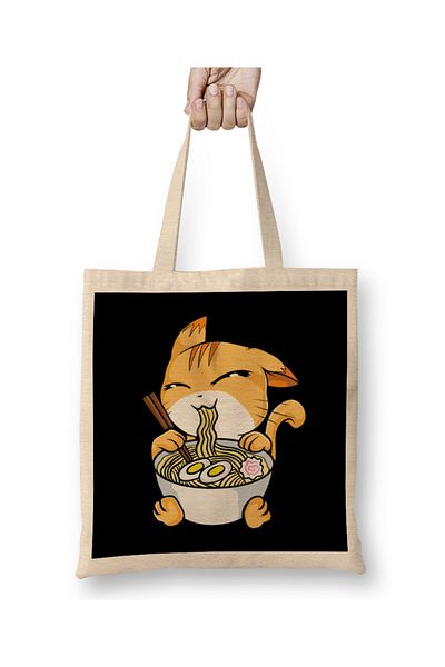 Baskı Dükkanı Kawaii Cat Ramen Bowl Funny Anime Noodles Kitty Geantă din pânză cu mâner lung