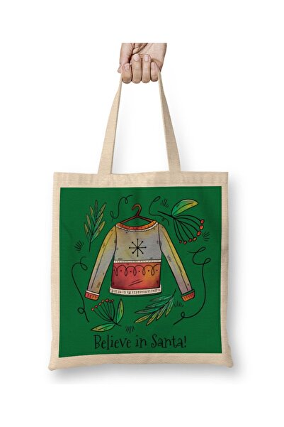 Baskı Dükkanı Veruj u Deda Mraza Božićni džemper Skica Torba Torba Duga Sa ru...