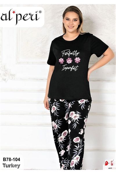 Alperi Plus Size Summer Short Sleeve Women's Pajama Set BLACK