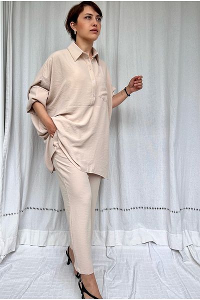 soBasic Camasa Bej Guler Buzunar Pantaloni Bluza Confort Dublu Set