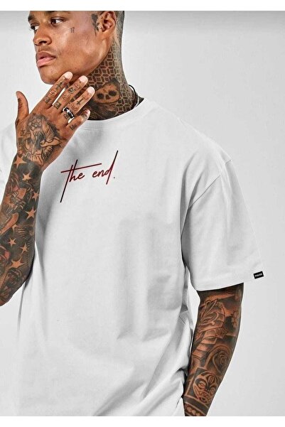 Revasser Tricou oversize, unisex, alb, imprimat The End, cu croiala larga Rvs