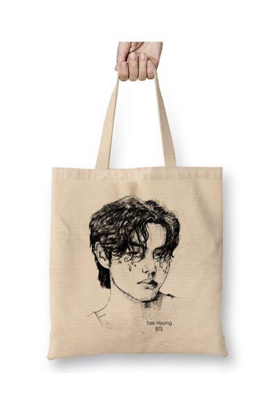 Baskı Dükkanı Bts Kim Taehyung Line Bez Çanta Uzun Saplı
