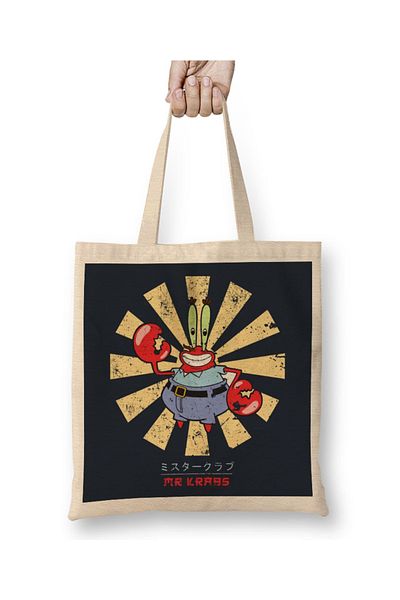 Baskı Dükkanı Mr Krabs Ρετρό Ιαπωνική υφασμάτινη τσάντα Μπομπ Σφουγγαράκης με μακριά λαβή
