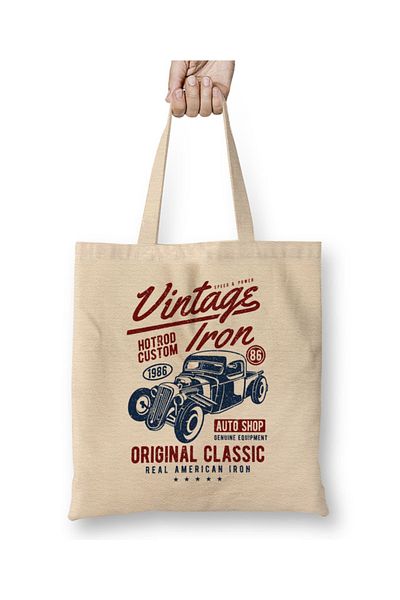 Baskı Dükkanı Vintage Iron Custom Hotrod υφασμάτινη τσάντα με μακριά λαβή