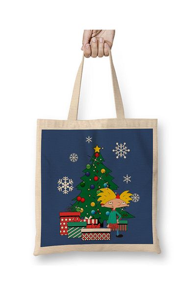 Baskı Dükkanı Hey Arnold Around The Christmas Tree υφασμάτινη τσάντα με μακριά λαβή
