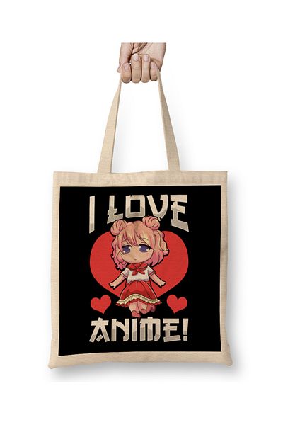 Baskı Dükkanı Αξιολάτρευτο I Love Anime Girl Ιαπωνική υφασμάτινη τσάντα Kawaii με μακριά λαβή