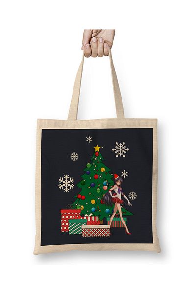 Baskı Dükkanı Mars Around The Christmas Tree Geantă din pânză Sailor Moon cu mâner lung