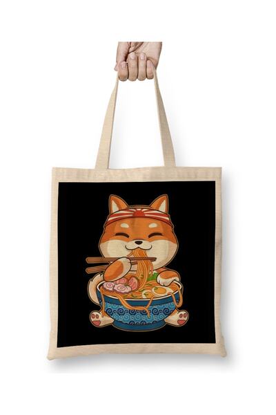 Baskı Dükkanı Kawaii Cute Anime Shiba Inu Dog Otaku japonez Ramen Noodles Geantă din pânză cu mâner lung