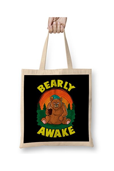 Baskı Dükkanı Bearly Awake Sleeping Bear Funny Barely Awake Pun Cloth Torba L...
