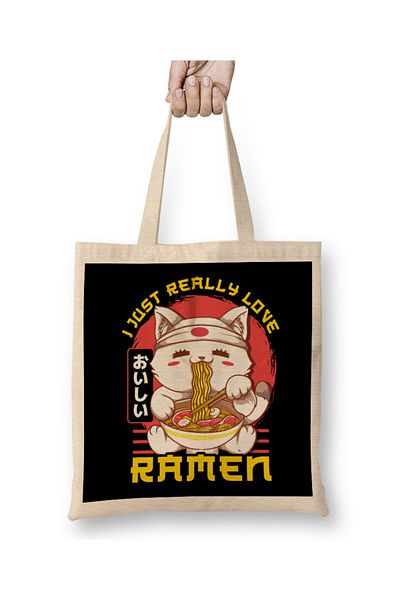 Baskı Dükkanı Χαριτωμένο και αστείο I Just Really Love Ramen Anime Cat υφασμάτινη τσάντα με μακριά λαβή