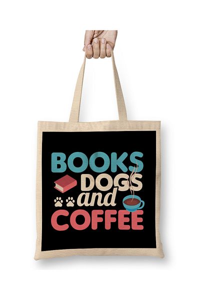 Baskı Dükkanı Χαριτωμένα και αστεία βιβλία Dogs and Coffee Bookworm υφασμάτινη τσάντα με μακριά λαβή